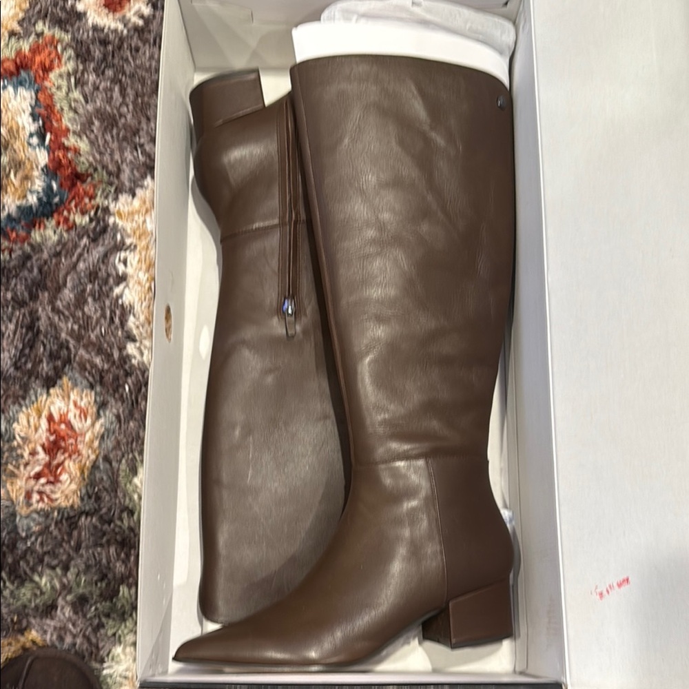 Nine West Morgin Brown Leather Pointy Knee High Block Heel Boots